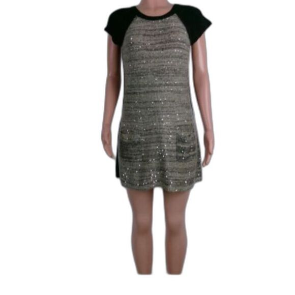 Style & Co Gray/Black Shimmer Sweater Dress Short Pockets Cotton Blen Knit L NEW - Picture 1 of 10